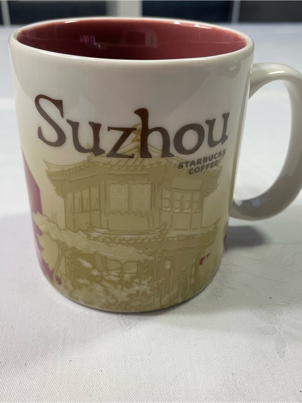 Starbucks Suzhou China City Collector Mug 16 oz 2015 Maroon Interior Coffee Cup